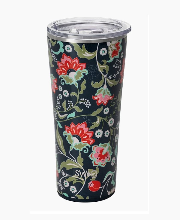 Lotus Blossom Tumbler-22 ounce size by Swig, in beautiful floral design on a navy blue background.
