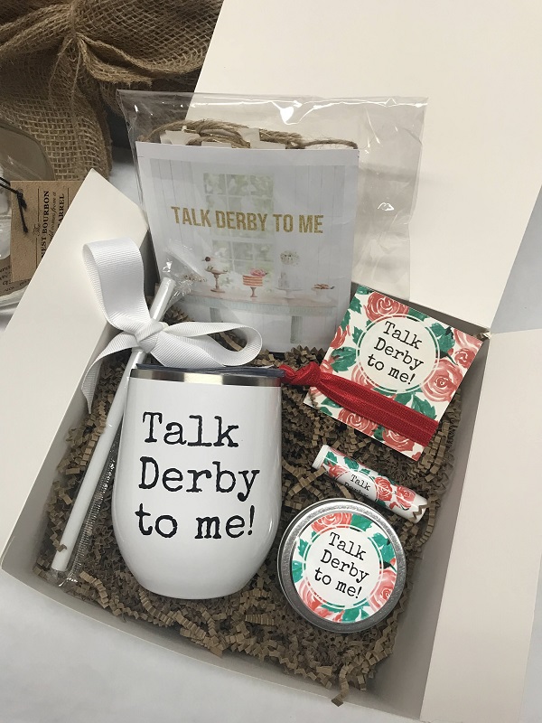 Talk Derby to Me Gift Box-with all things Kentucky including an insulated tumbler with straw, customized candle and hair tie, talk derby to me banner