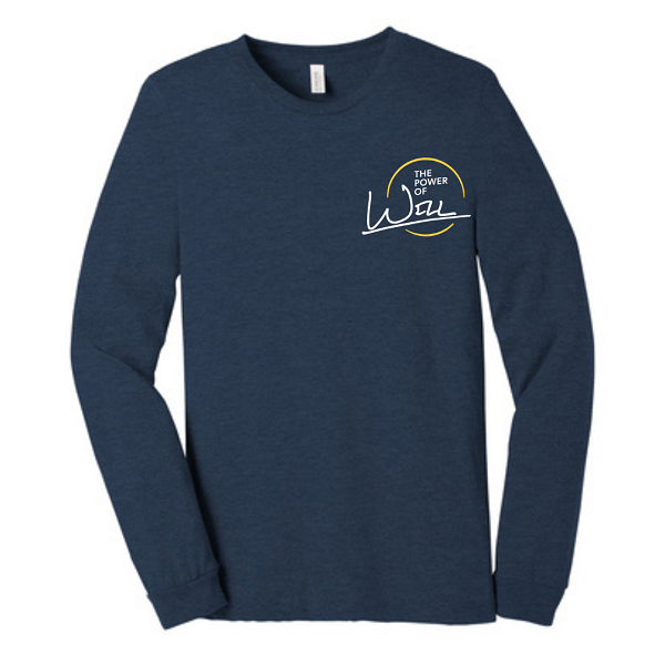 The Power of Will Long Sleeve Tee-dark grey heather or heather navy with logo in white, yellow