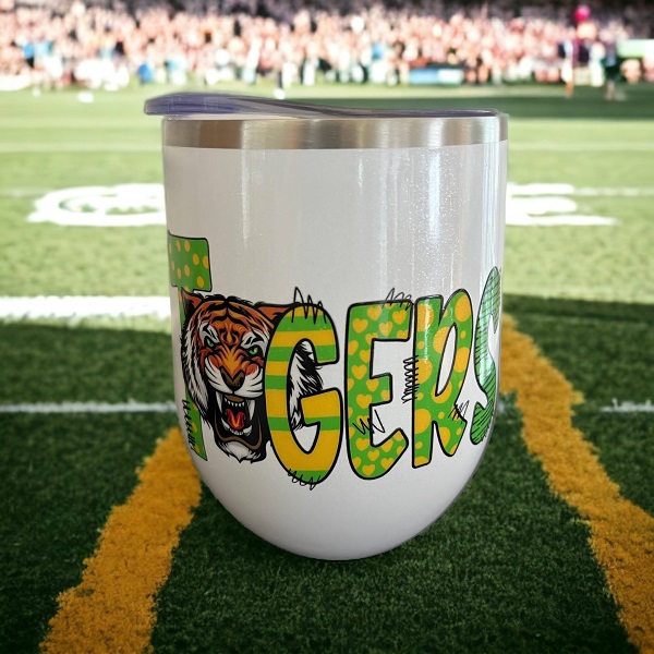 Insulated Game Day Tumbler-12 ounce size with lid and straw personalized with tigers, shamrocks or eagles