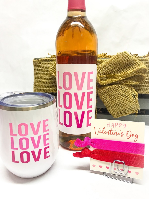 Valentine Wine Bottle Labels-on wine bottles with Love Love Love in 3 different pink colors and the definition of Lobster and a picture of a lobster with Youre My Lobster underneath it, hoping you are a Friends follower
