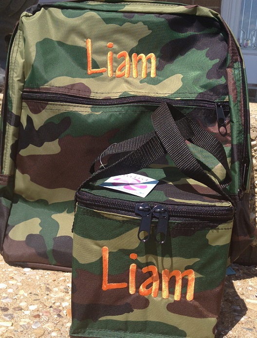 Personalized Backpack-camo design embroidered with name with matching insulated snack square