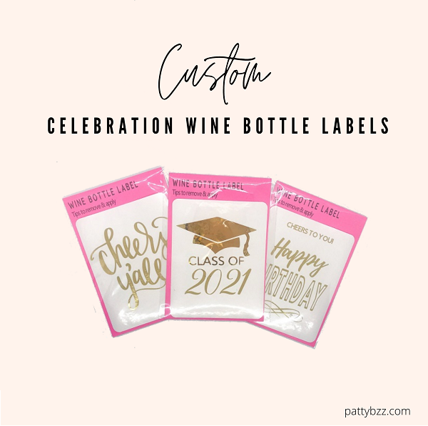Celebration Wine Bottle Labels-3.75 x 4.75 white labels with Class of 2021, Cheers Yall, Happy Birthday in gold foil with glossy finish
