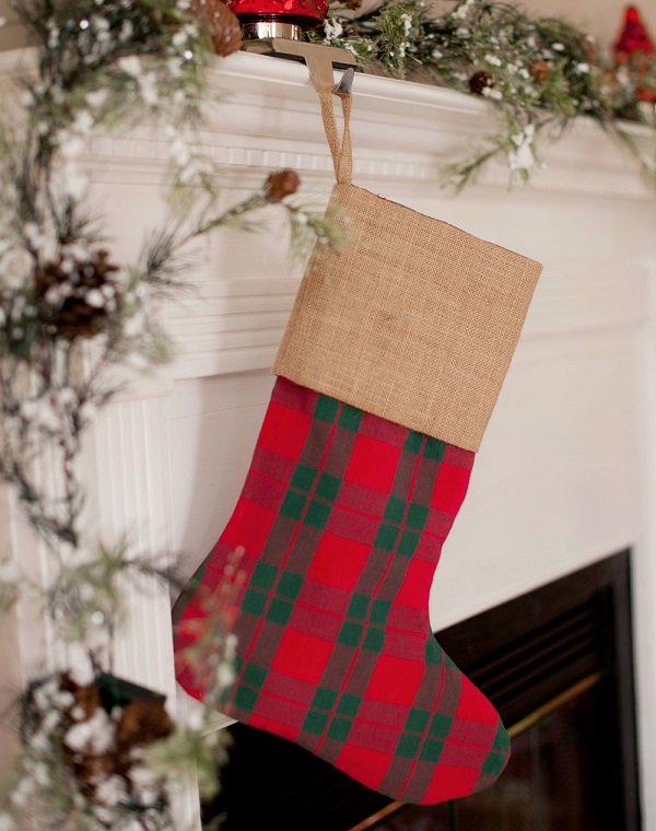 Plaid Christmas Burlap Stocking-red green plaid with burlap top
