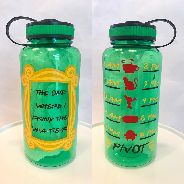 FRIENDS Water Bottle-personalized with the one where I drink the water and friends symbols on back with water tracker