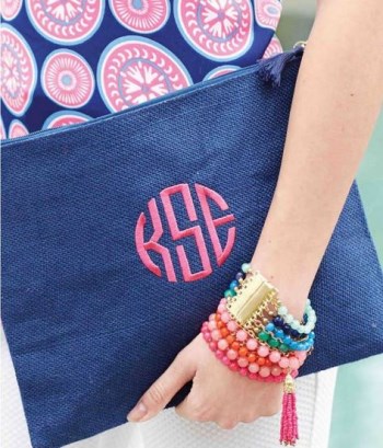 Zipper Jute Case-navy blue clutch with an embroidered monogram in peach thread