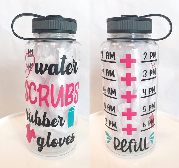 Nurse Water Bottle Motivation-personalized in black, pink and turquoise on a clear 34 ounce water bottle