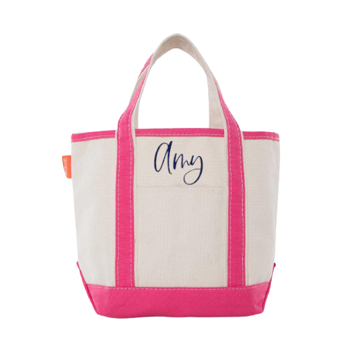 Personalized Canvas Tote Bag-with pink straps and bottom embroidered with Amy in stillness font in navy blue thread