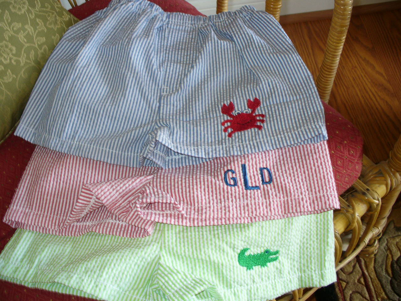 Seersucker Boxer Shorts-in blue embroidered with red crab, red monogrammed, lime green with embroidered alligator