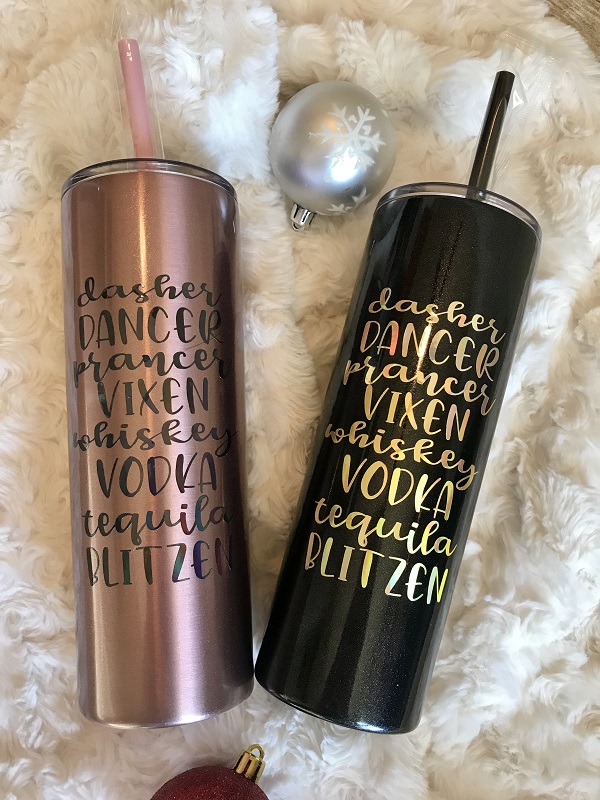 Insulated Skinny Tumbler-20 ounce tumbler in glitter black and rose gold, with names dasher, dancer, prancer, vixen, whiskey, vodka, tequila, blitzen personalized on it
