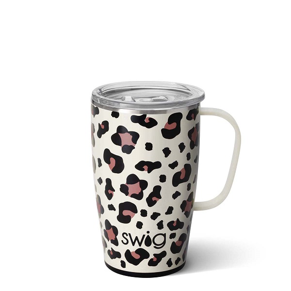 Swig Leopard Travel Mug-18 ounce insulated handled tumbler with leopard spots decorating the background